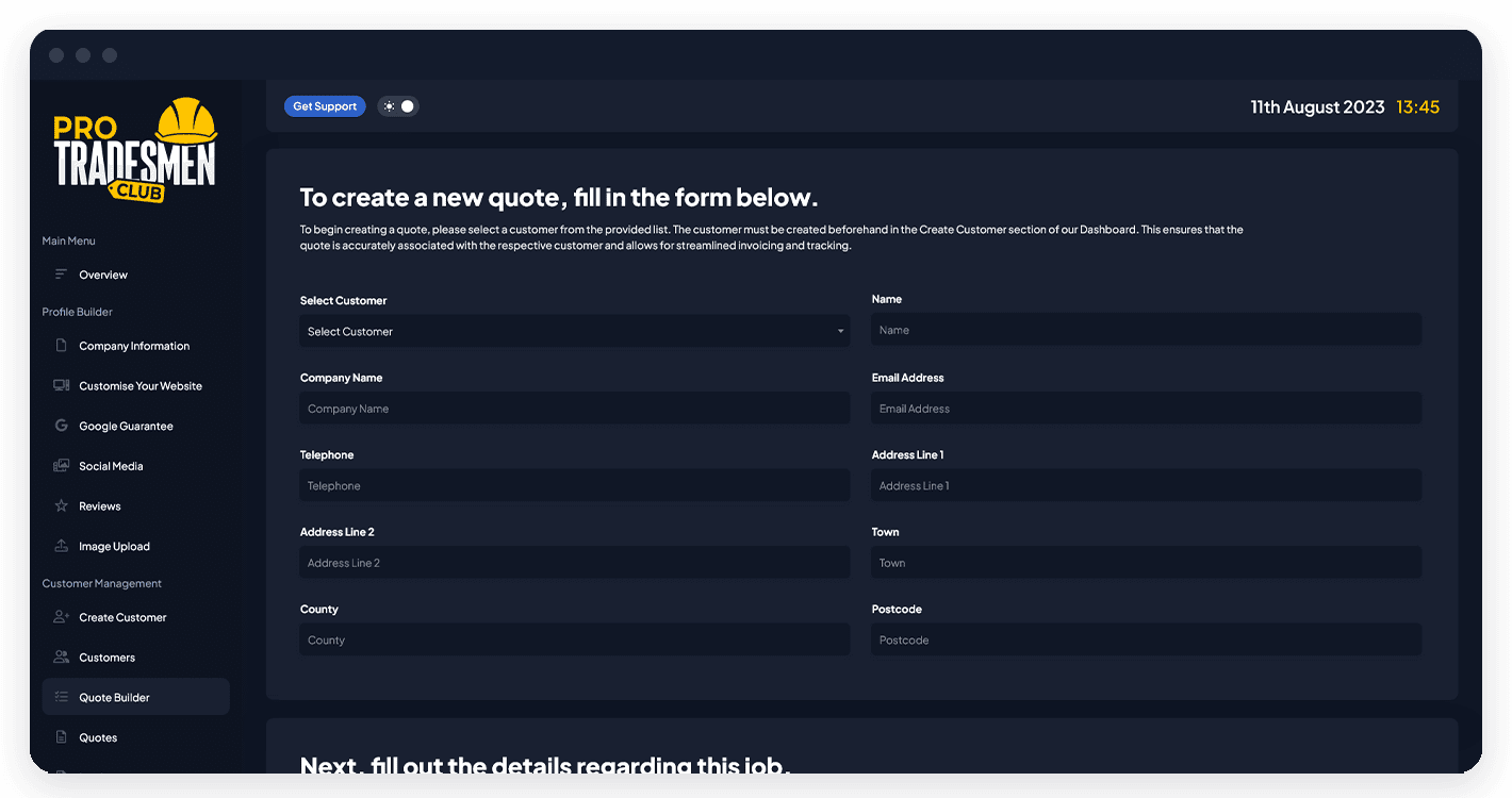 Pro Tradesmen Club Quote Builder Screenshot